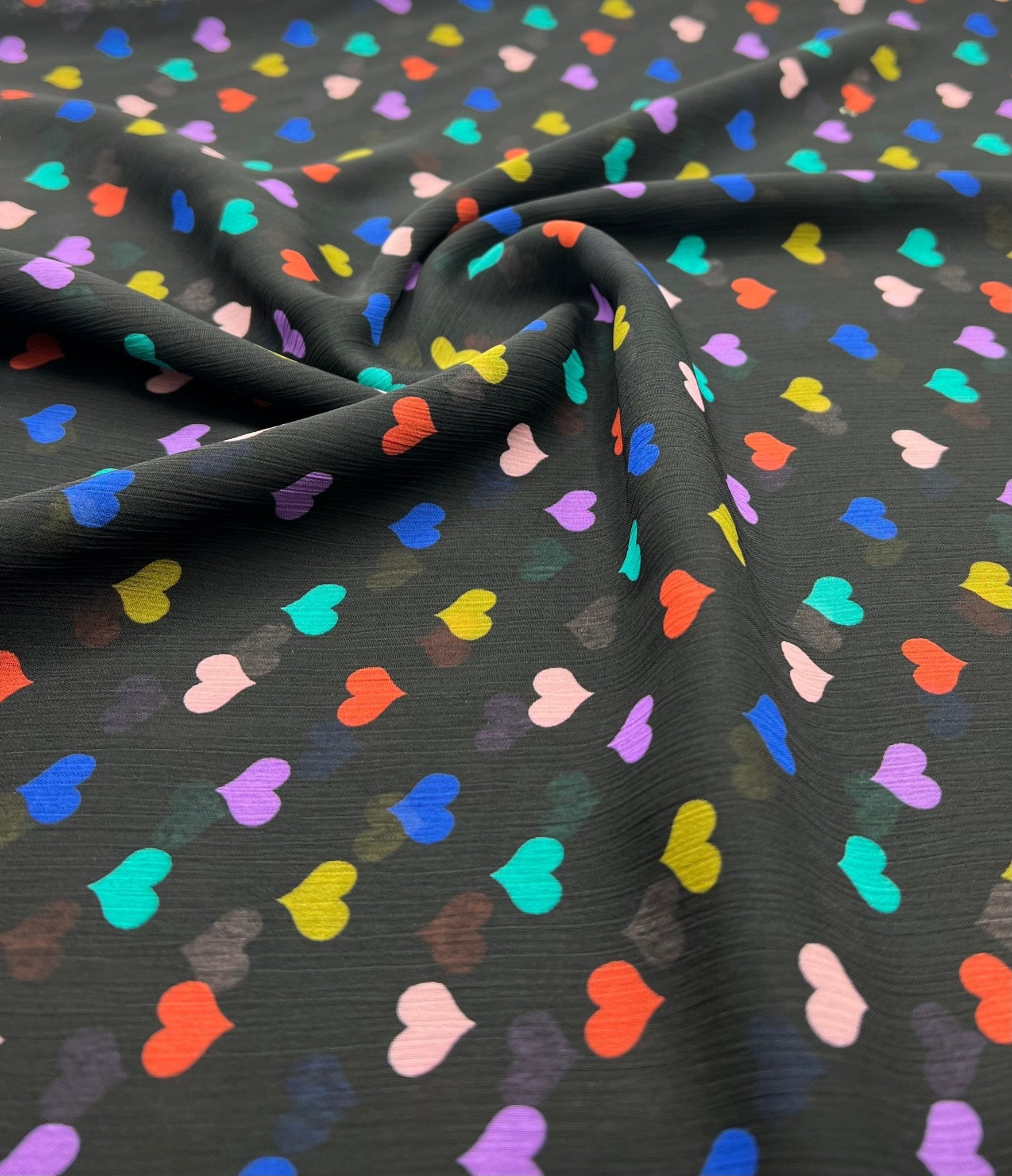 Black Love Heart Printed Chiffon Dress Fabric - T9 Fabrics